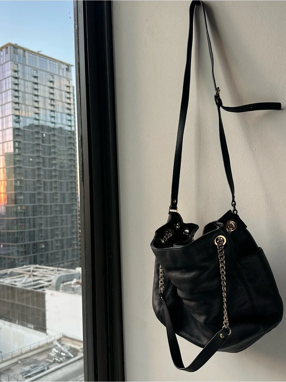 Michael Kors Black Leather Shoulder Bag with Gold Hardware